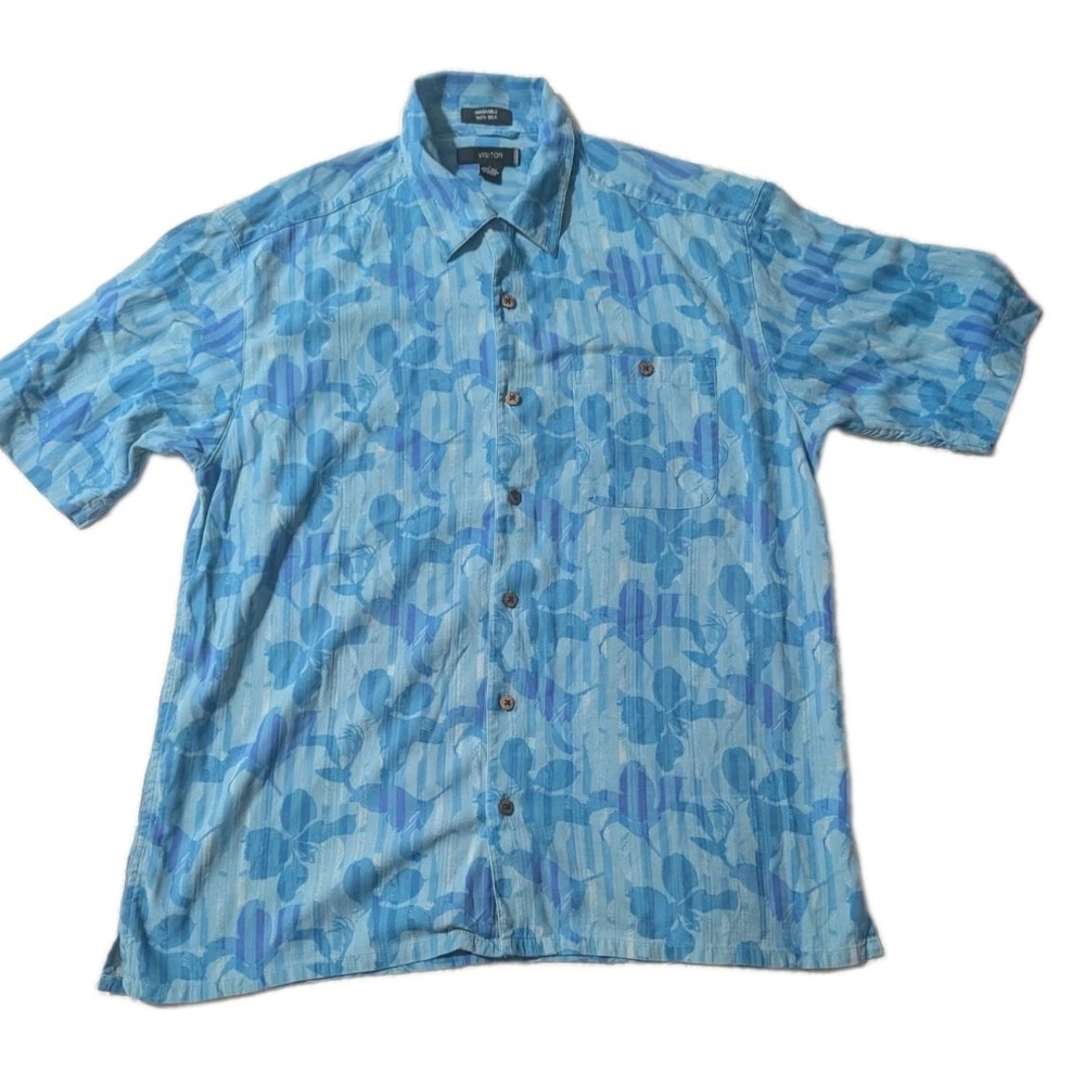 Visitor Men's 100% Silk Blue Floral Abstract Short Sleeve Button Up Shirt Size L